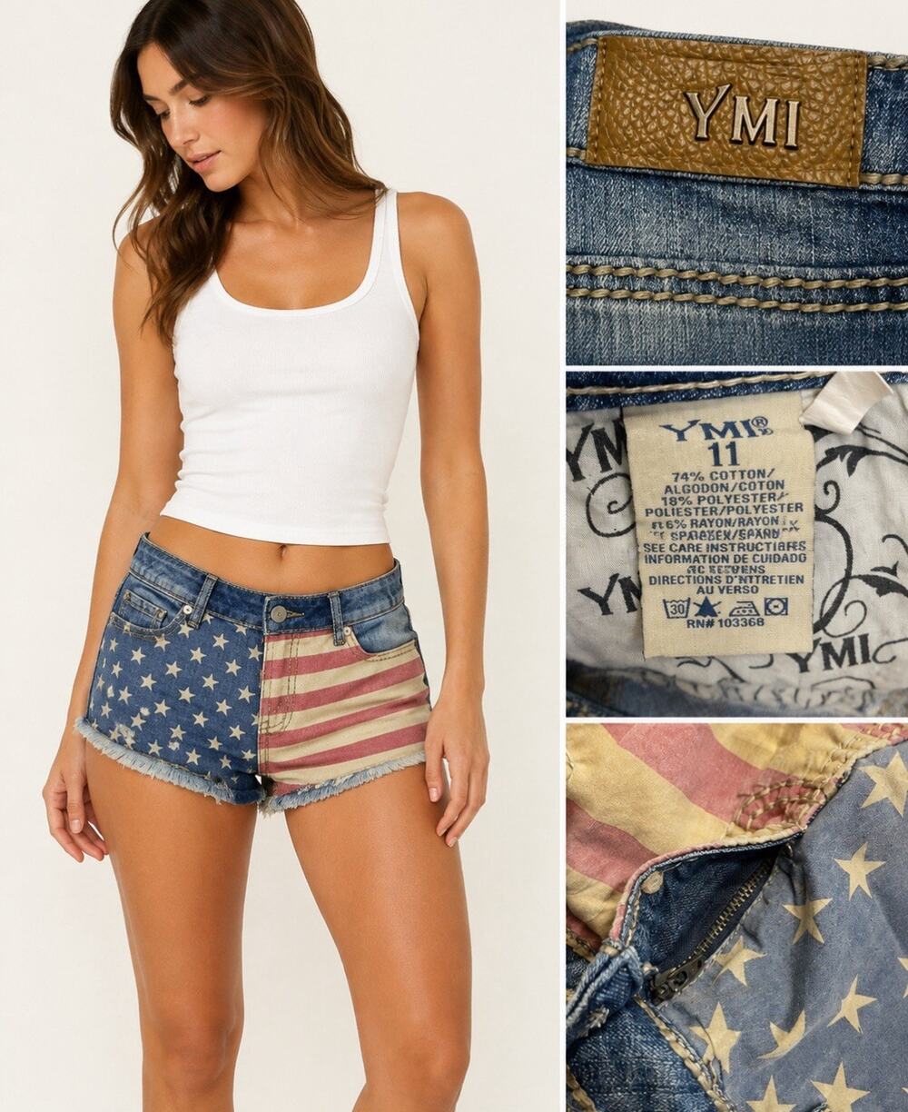 Y2K Indie Sleaze YMI Americana Flag Print Low Rise Cut Off Shorts Sz 11 Juniors